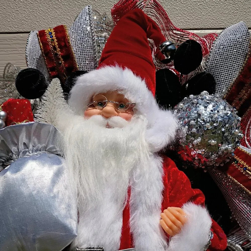 Santa Christmas Wreath, Deluxe Christmas Wreath, Silver Red Mesh Wreath